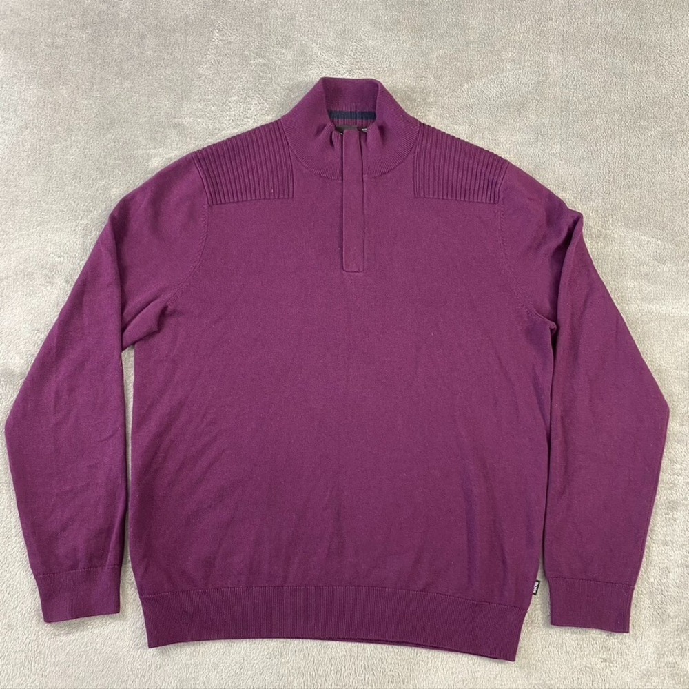 Boss Hugo Boss Sweater Mens L Wool Cotton Mock Neck 1/4 Zip Pullover Purple EUC
